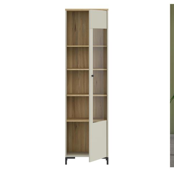 Furniture To Go Bixbite Tall Display Cabinet with Fluted Detail, Door & Open Shelving in Mauvella Oak and Sand