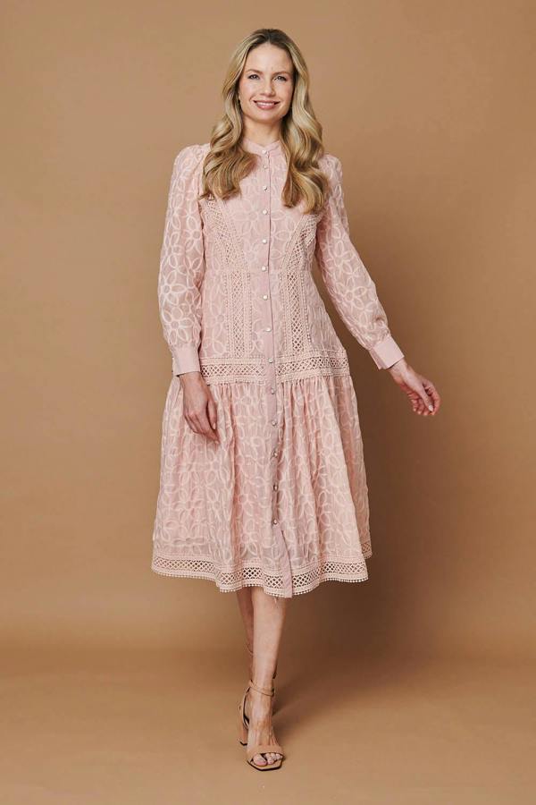 Pink | Embroidered Lace Long Sleeve Midi Dress