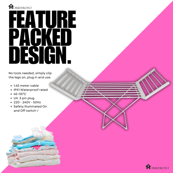 Homefront Heated Clothes Airer Rack Rail, Dryer 220W And Cover - Indoor Portable Eco Dry