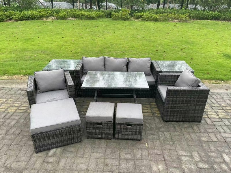 Fimous 8 Seater Rattan Outdoor Furniture Sofa Garden Dining Set with Dining Table 2 Armchairs 2 Side Tables 3 Stools Dark Grey Mixed