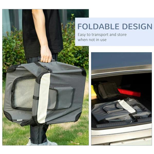Grey foldable pet carrier with cushion, shown folded for compact storage
