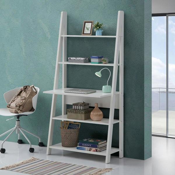 Timber Art Design Riva Ladder Bookcase with 5 Tier Shelves & Overhanging Desk Shelf