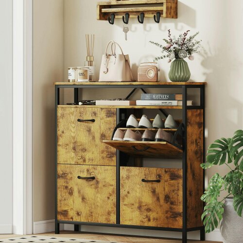 HOMCOM Shoe Cabinet with 4 Flip Drawers, Holds 12-20 Pairs, Cement Grey