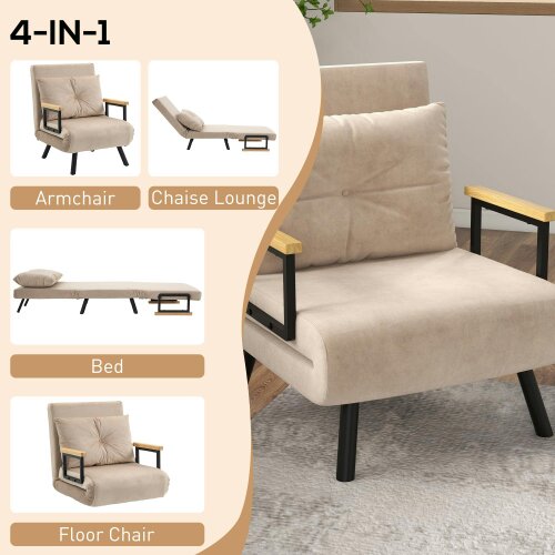 Wyld Haus Elvael Velvet Beige 4 In One Convertible Single Chair Bed With Cushion
