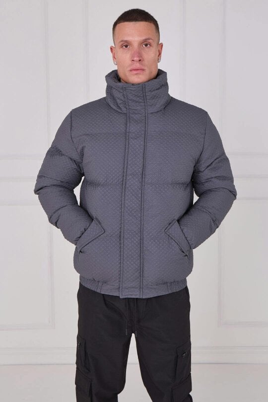 Quilted Puffer Jacket – Zip & Button Fasten - Grey