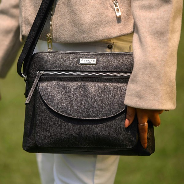 Assots London 'JEAN' Black Real Soft Pebble Grain Leather Crossbody Bag