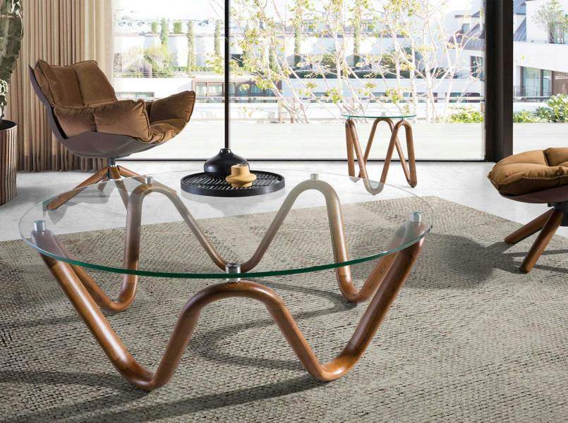 Angel Cerdá Round tempered glass and walnut corner table 2125