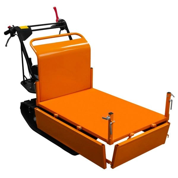 Tracked Mini Dumper Petrol Transporter with a vibrant orange flatbed, sturdy black frame, and ergonomic handles for easy maneuvering