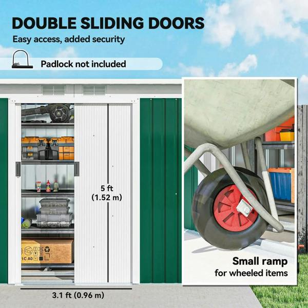 Double sliding door metal shed entrance with deep green panels and side storage