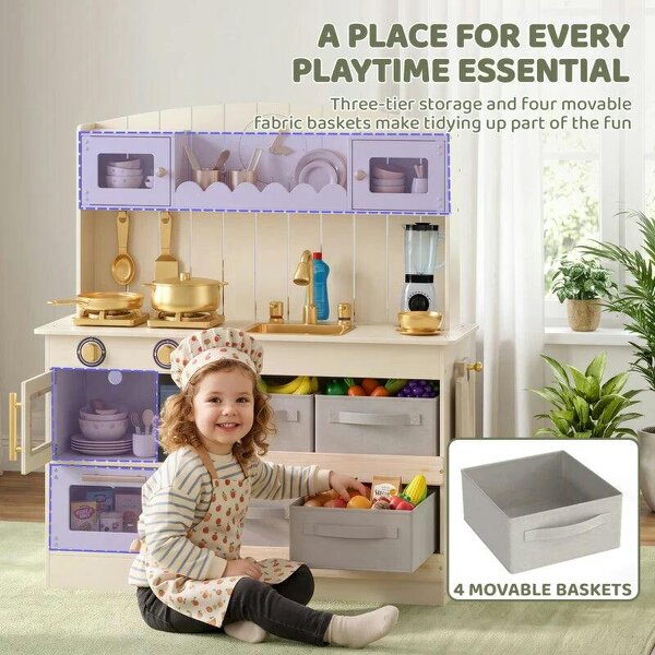 Bobobiy Kids Play Kitchen with Lights & Sounds, Pretend Play Toy set with 4 Fabric Drawers, 12-Piece Accessories for 3-6 Years