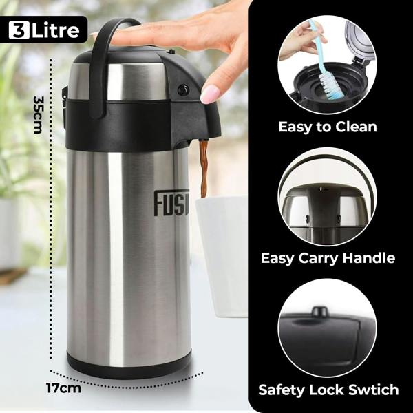 Fusion Food Care Airpot Flask 3L Double Wall Insulated Thermal Coffee Carafe with Pump Action & 360° Rotating Base
