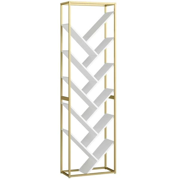 10-shelf modern bookshelf with white crisscross shelves and gold-tone metal frame