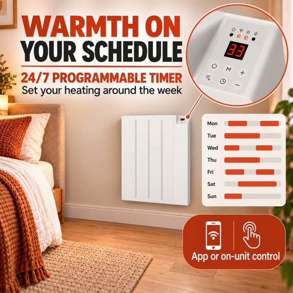 MYLEK Electric Radiator Panel Heater WIFI Smart APP Eco 600W Bathroom Safe Wall Mounted Timer Thermostat