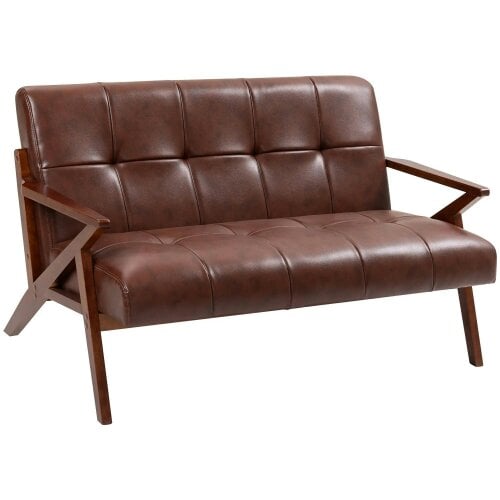 Bobobiy Compact 2 Seater Sofa, Vintage Tufted Loveseat Sofa with Solid Wood Legs, PU Leather Small Couch Settee, 133 x 81 x 78.5 cm, Brown