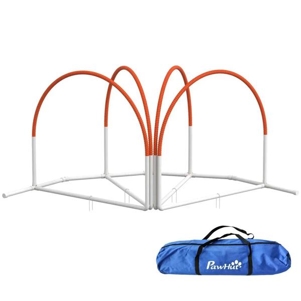 Orange and white dog agility poles set with blue Oxford carry bag