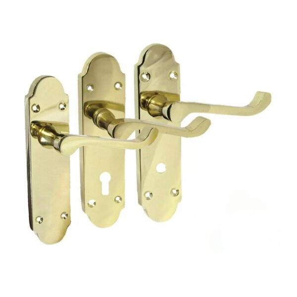 Lock & Lock Door Handle Modern Scroll Epsom Brass Polish handles, Bath Lock Latch 168 x42mm
