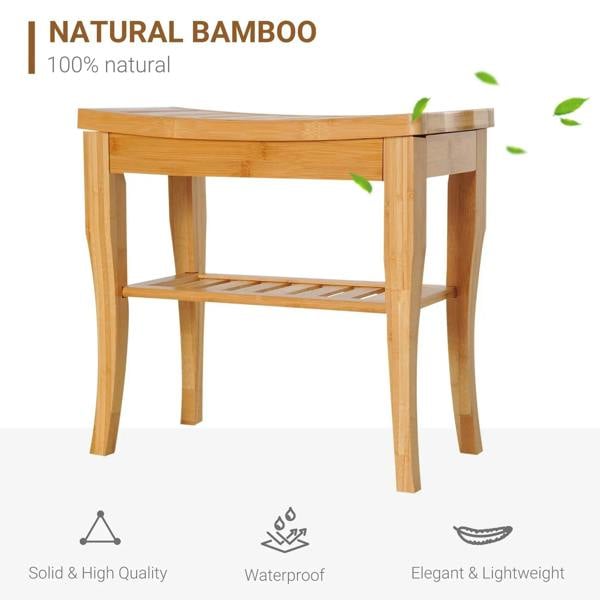 Natural wood slatted 2-tier shower bench with tabletop and lower shelf, four legs.
