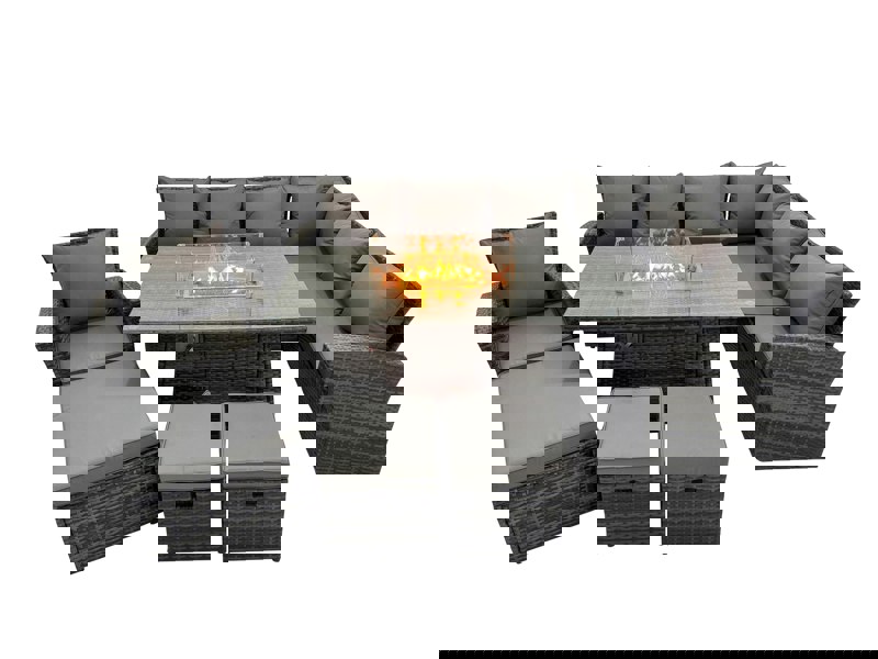 Fimous Outdoor Furniture Garden Dining Set Rattan Corner Sofa Chair Set Gas Fire Pit Table with Temper Glass 3 Footstools Dark Grey Mixed