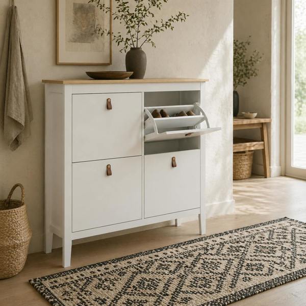 Wyld Haus Milese Wooden White and Natural Modern 4 Drawer Shoe Cabinet Faux Leather Handles