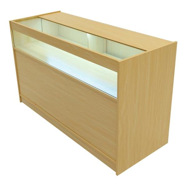 Polaris LED Shop Counter Set in maple finish, featuring a sleek design, illuminated display area, and smooth texture for modern retail spaces