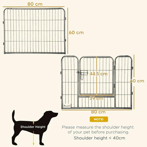 Grey metal dog playpen with panel dimensions and gate opening size shown
