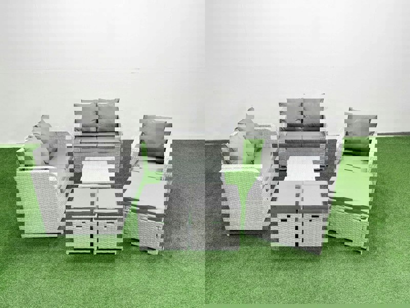 Fimous High Back Poly Rattan Garden Furniture Set with Reclining Chair Loveseat Sofa Square Coffee Table Indoor Outdoor Patio  Set 3 Stools Light Grey