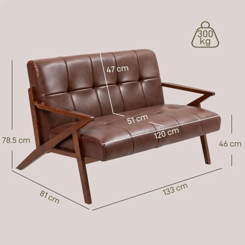 Bobobiy Compact 2 Seater Sofa, Vintage Tufted Loveseat Sofa with Solid Wood Legs, PU Leather Small Couch Settee, 133 x 81 x 78.5 cm, Brown