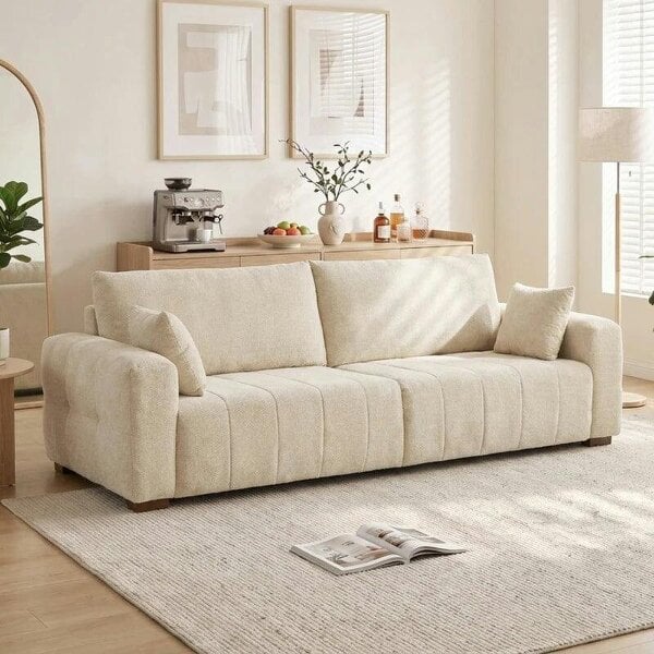 3 Seater Sofa, Upholstered Velvet Couch for Bedroom with Pillows, Padded Cushion and Wood Legs, Cream White - Cream