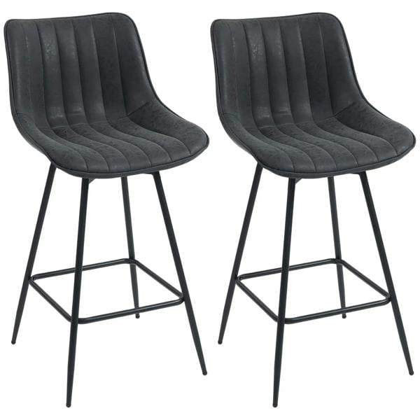 Set of two black PU leather swivel bar stools with curved cushioned seats
