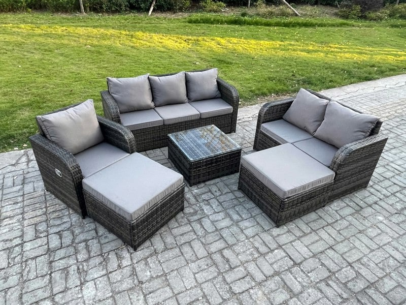 Fimous 8 Seater High Back Rattan Garden Furniture Set with Square Coffee Table 2 Big Footstool Indoor Outdoor Patio Lounge Sofa Set Dark Grey Mixed