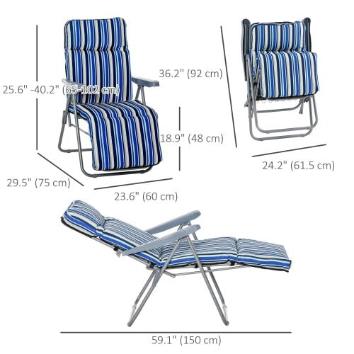 Bobobiy Reclining Garden Chair Set of 2, 5-Level Adjustable Zero Gravity Chairs with Cushions, Blue Stripe