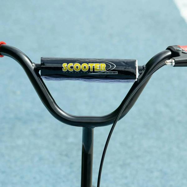 Black handlebar with SCOOTER label and red grips on a red and black kids kick scooter