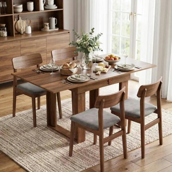 Folding Dining Table Under-Table Storage Extendable Kitchen Table Steel Rail Grey Wood Effect - Grey Wood Effect