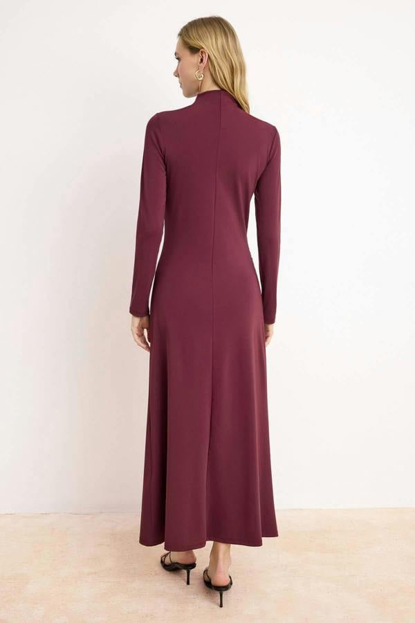 WOVCOR Round Neck Long Sleeve Ruched Detail Bodycon Maxi Dress