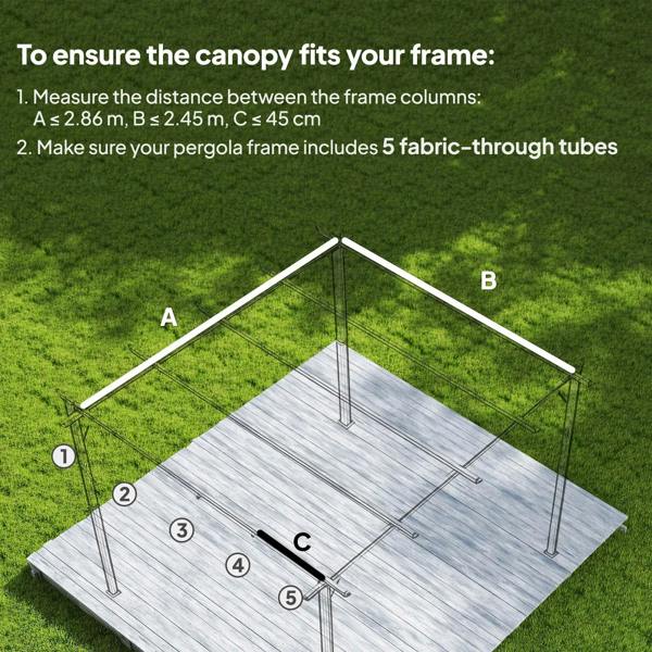 Retractable pergola cover roof shown with mounting diagram on a pergola frame