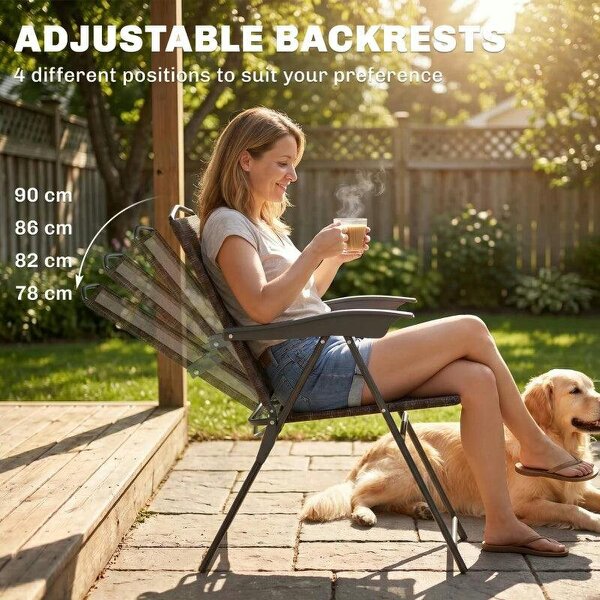 3 Piece Outdoor Bistro Set, Patio Conversation Furniture Set with 2 Folding Backrest Adjustable Armchairs and Glass Top Coffee Table, Brown