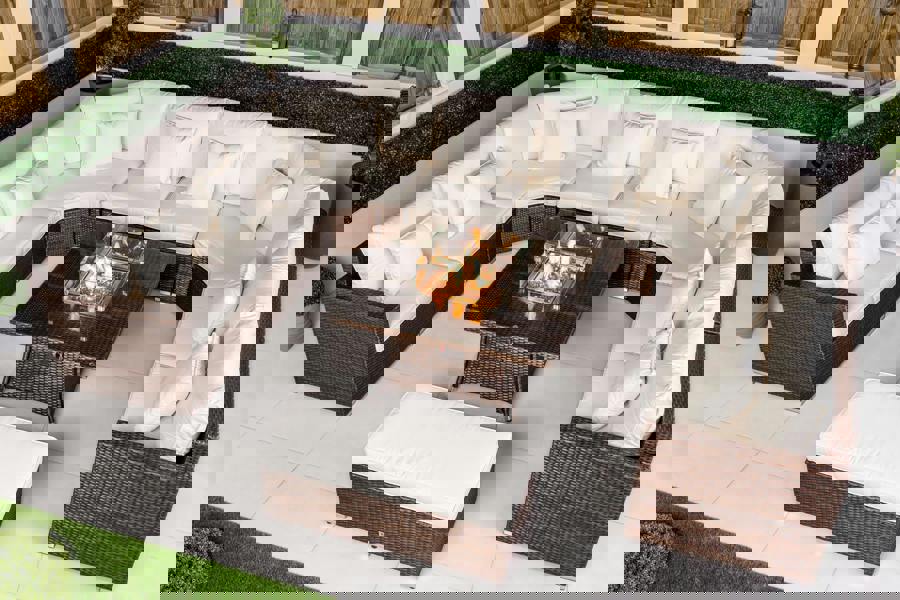 Giardino Santorini 8 Seat Modular Sofa Rattan Garden Furniture Set Outdoor Fire Pit Coffee Table & Bench