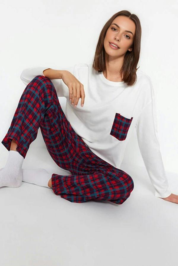 WOVCOR 2 Piece 100% Cotton Argyle Knit Pajama Set with Pocket Detail