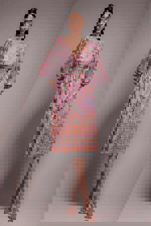 Chiffon Wrap Border Floral Print Midi Dress - Pink DR4333