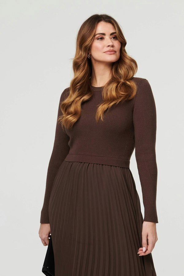 Brown | Knit Long Sleeve Ruched Maxi Dress
