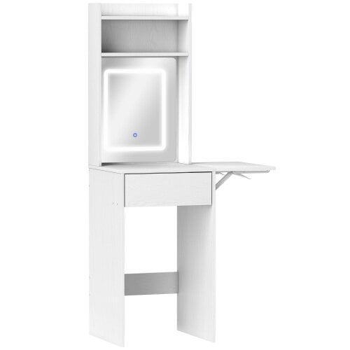 Wyld Haus Ravitti White Compact Vanity Desk With Mirror LED Lights Drop Leaf And Open Shelves