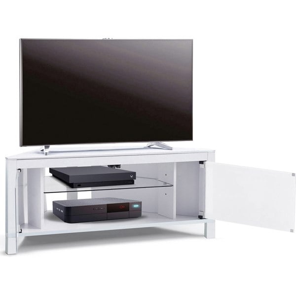 MDA Designs VOLANS White Tru-Corner Remote Friendly Doors White/Black Reversible Panel LCD/Plasma/LED TV up to 42" Corner TV Cabinet