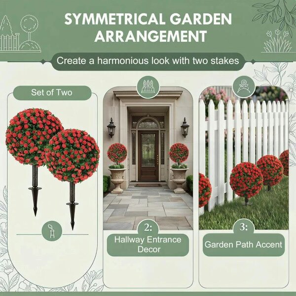 Artificial Rose Topiary UV Resistant, 2-Pack Fake Plants, 55 cm, Red