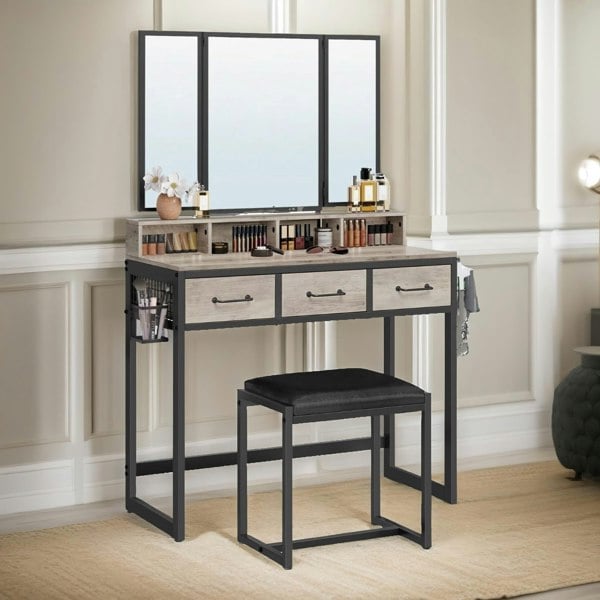 Rafaelo Mobilia 3 Drawer Dressing Table With Mirror And Stool Greige