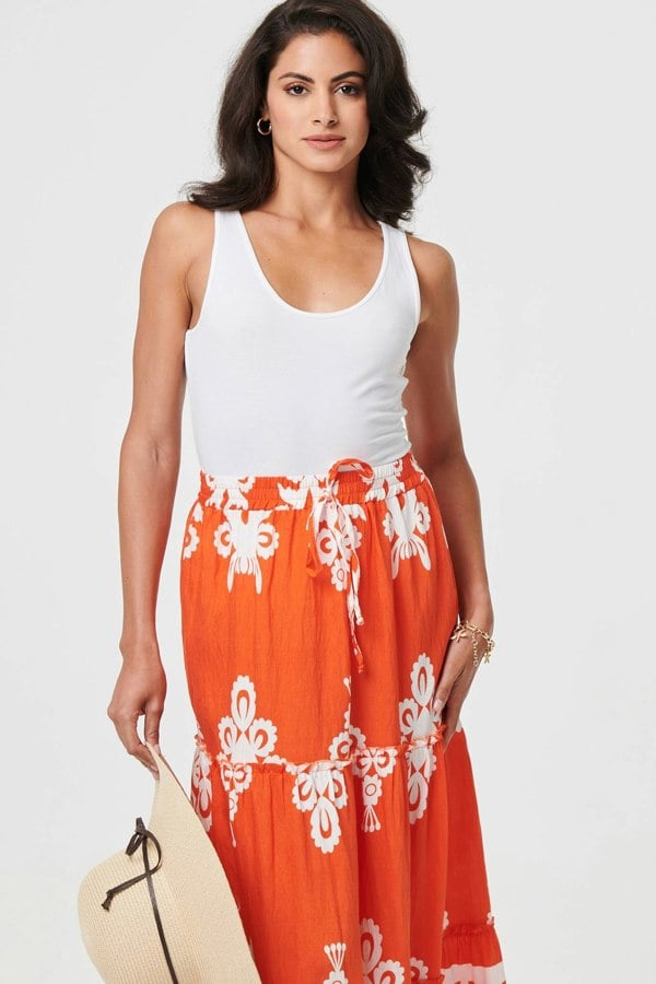 Orange | Ikat Print Tiered High Waist Midi Skirt
