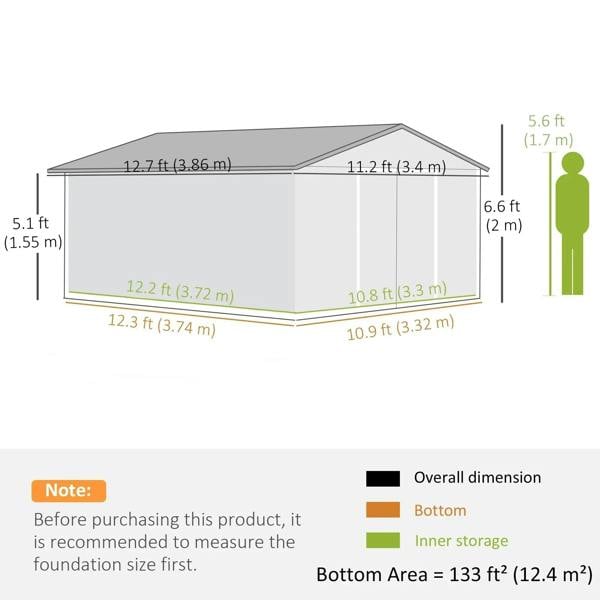 Storage shed dimension diagram with labeled floor and interior storage areas
