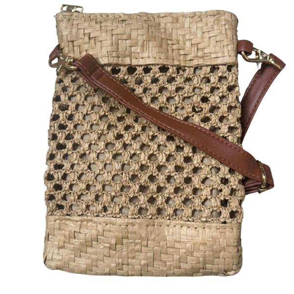 Solis Accessories Small Straw Crossbody Bag with Faux Leather Strap