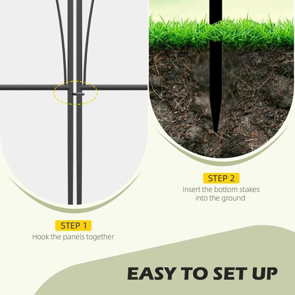 Fence panel installation diagram showing bottom stakes and hooked panels together