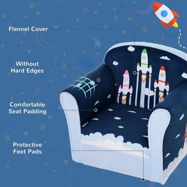Kids' blue armchair sofa with rocket pattern and cloud trim, flannel-style padded cushions