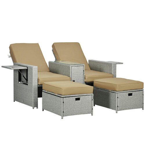 Wyld Haus Luva Faux Rattan Grey and Beige 5 Piece Adjustable Sun Lounger Set With Storage Table And Footstools